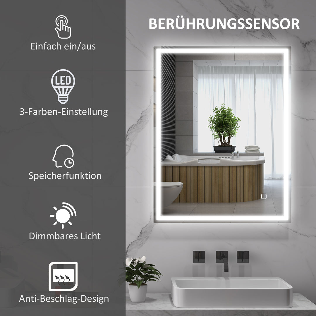 Badeværelsesspejl med belysning 90x70 cm LED-spejl vægspejl med hukommelsesfunktion 3 lysfarver sølv