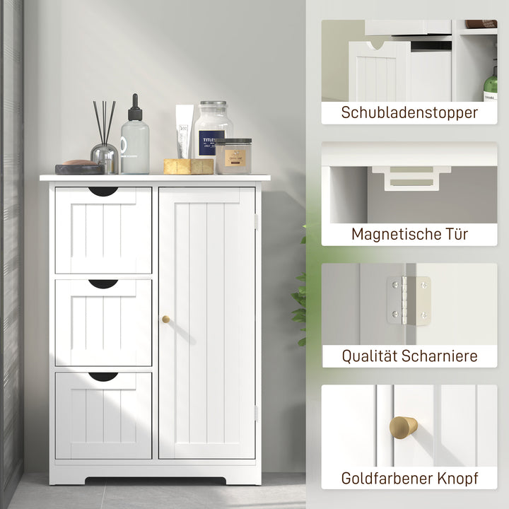 Badeværelsesskab, badeværelseskommode, 3 skuffer, hylde, mdf, hvid