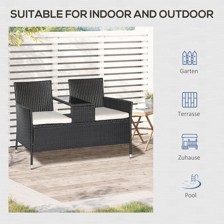Havebænk polyrattan 2-personers uv-bestandig bænk med bordhynde ryglæn havemøbler parkbænk op til 240 kg lasteevne balkonbænk til haveterrasse balkon 133x63x84cm, sort