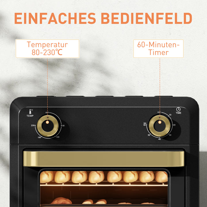 Miniovn med varmluft, airfryer, timer, indvendig belysning, 10L, sort