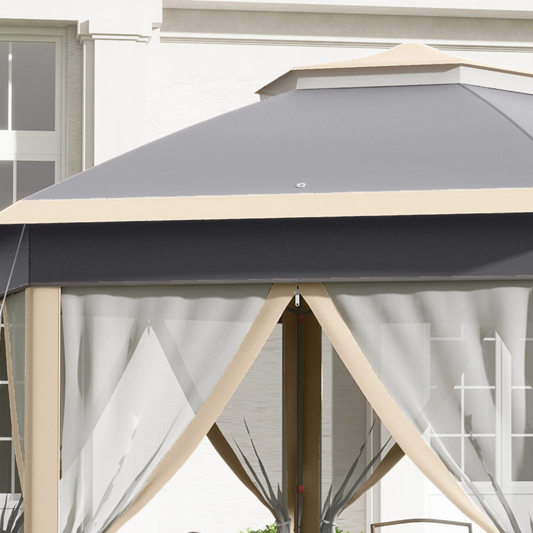 Havepavillon, foldbar pavillon, 4 x 4 m pop-up telt, partytelt inklusive bæretaske, 6 sidepaneler, dobbelt tag, sekskantet, khaki