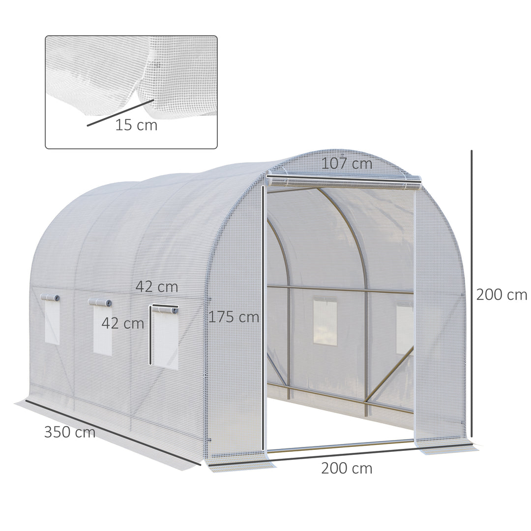 Drivhus 350x200x200cm, polytunneldrivhus, tomathus med dør, vindue, galvaniseret stålpolytunnel, plantetunnel, drivhus inklusive jordankre og reb, havetunnel, hvid