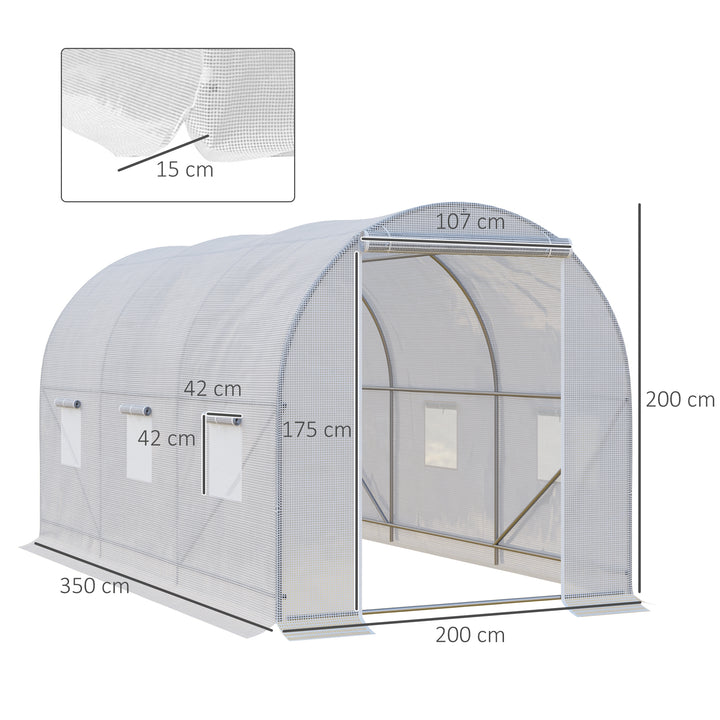Drivhus 350x200x200cm, polytunneldrivhus, tomathus med dør, vindue, galvaniseret stålpolytunnel, plantetunnel, drivhus inklusive jordankre og reb, havetunnel, hvid
