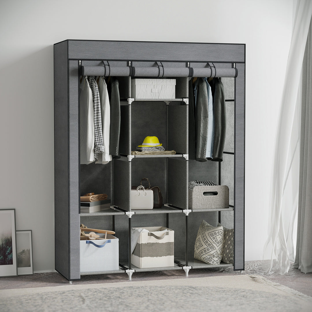 Stofgarderobe, opbevaringsløsning, 8 hylder, 2 garderobestativer, mørkegrå