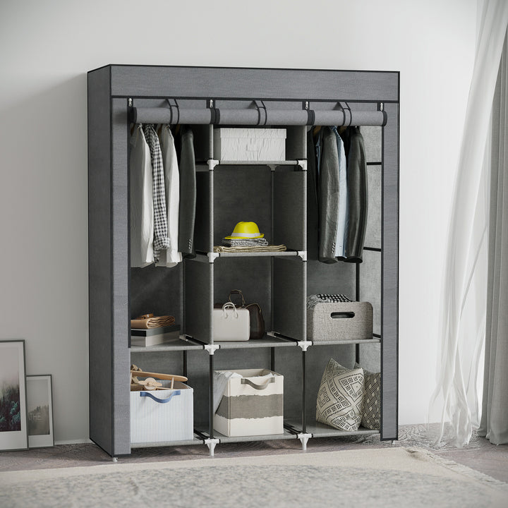 Stofgarderobe, opbevaringsløsning, 8 hylder, 2 garderobestativer, mørkegrå