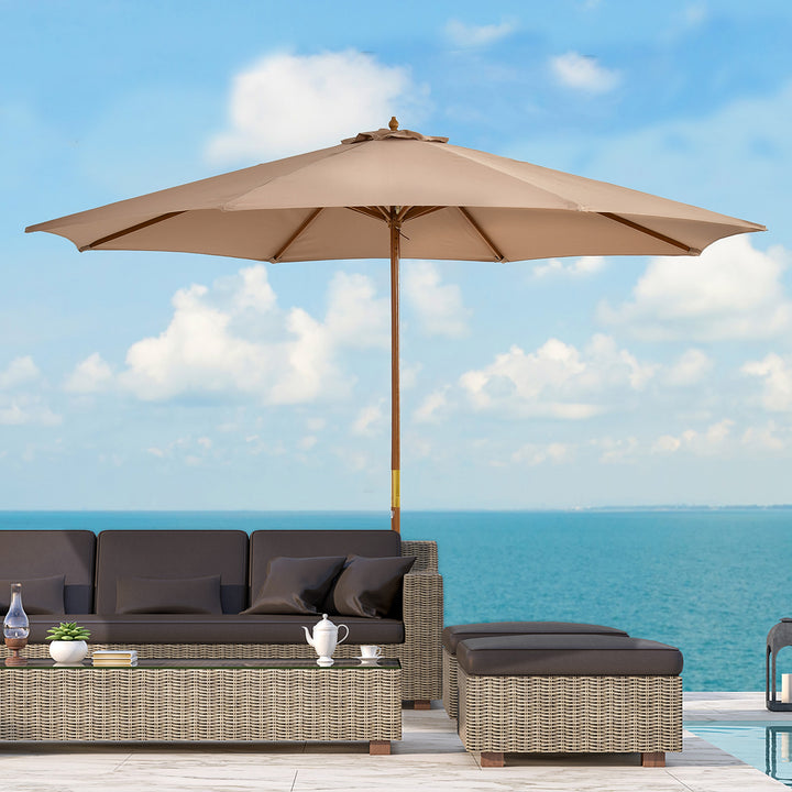 Parasol Ø 300 cm, parasol med UV-beskyttelse, træparasol til balkon, stabil strandparasol, markedsparasol, solbeskyttelse til strand, terrasse, have, khaki