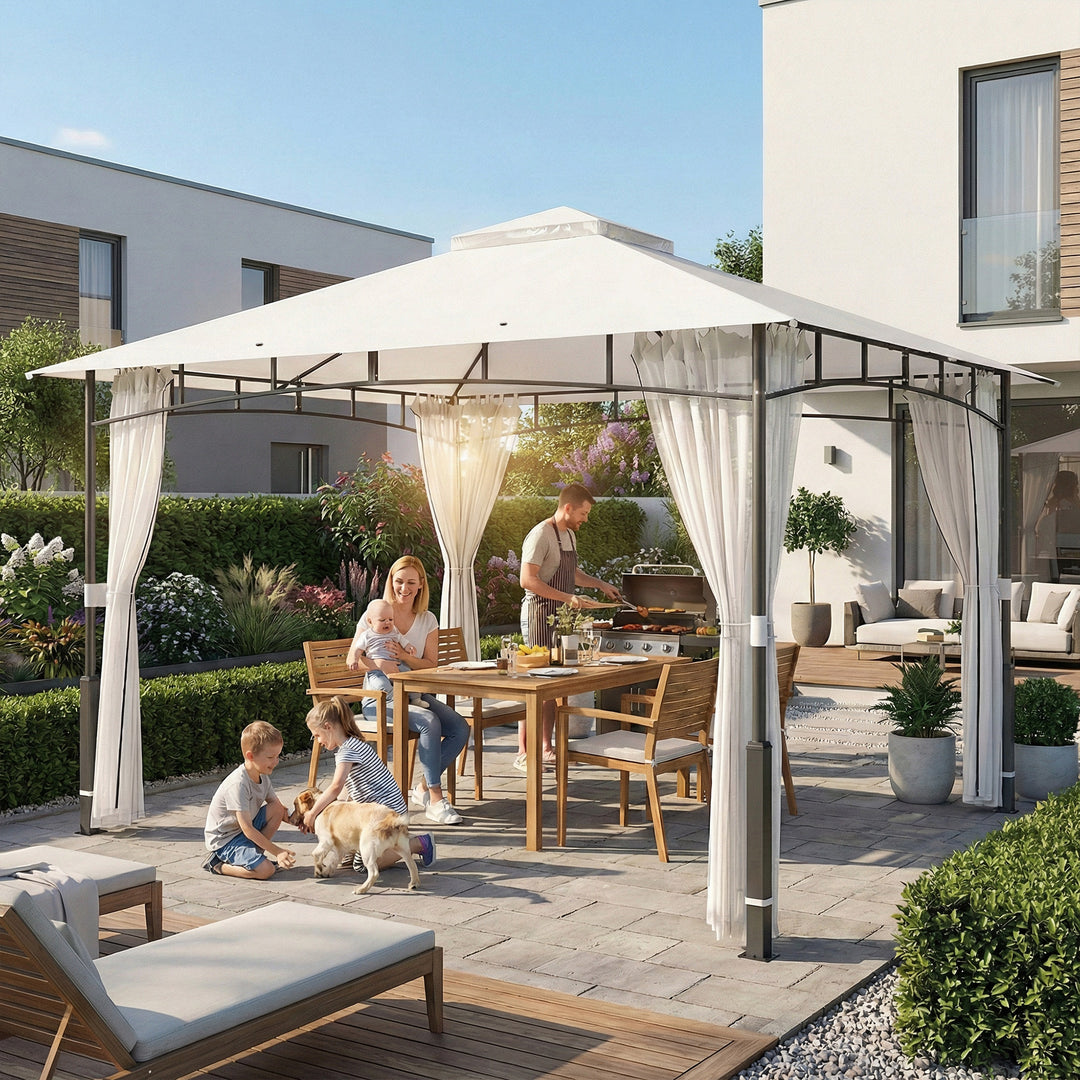 Pavillon, 3x3,6 m, vandafvisende, robust havepavillon med myggenet, dobbelttag, til have, terrasse, sort