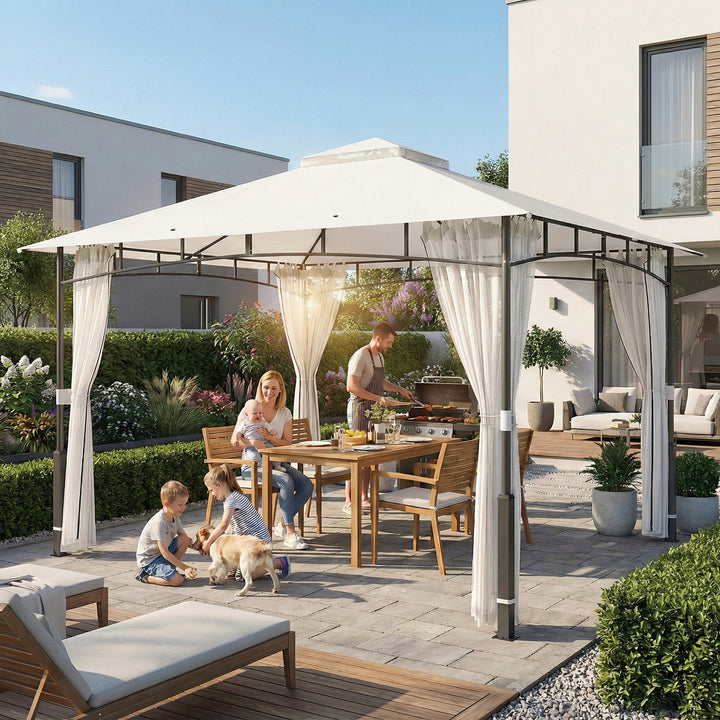 Pavillon, 3x3,6 m, vandafvisende, robust havepavillon med myggenet, dobbelttag, til have, terrasse, sort