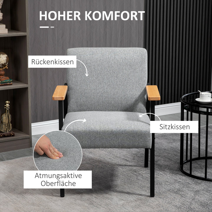 Accentstol i skandinavisk design, lænestol, accentstol, linnedlook, gummitræ, grå + sort + brun