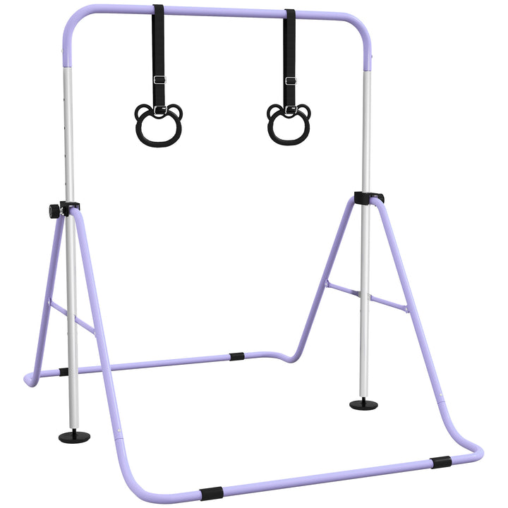 Børne parallelle stænger med ringe, højdejusterbare, foldbare, skridsikkert, stålstel, 148x105x88-128 cm, lyserød