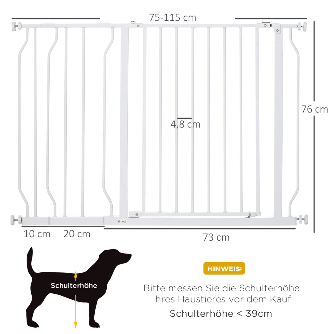 Hundegitter, klemmemontering, justerbar længde, stål/ABS, 75-115 x 76 cm, hvid