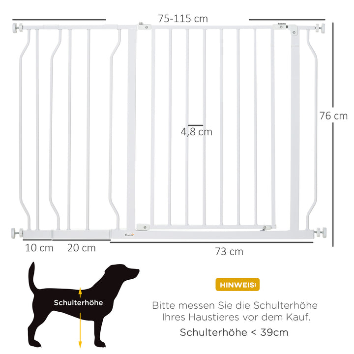 Hundegitter, klemmemontering, justerbar længde, stål/ABS, 75-115 x 76 cm, hvid