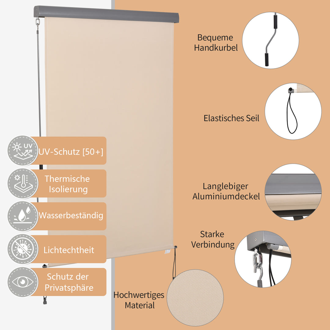 Lodret markise, balkonmarkise, lodret markise, læhegn, rullegardin på siden, privatlivsskærm med håndsving, polyesterstof + aluminium, cremehvid, 200 x 120 cm
