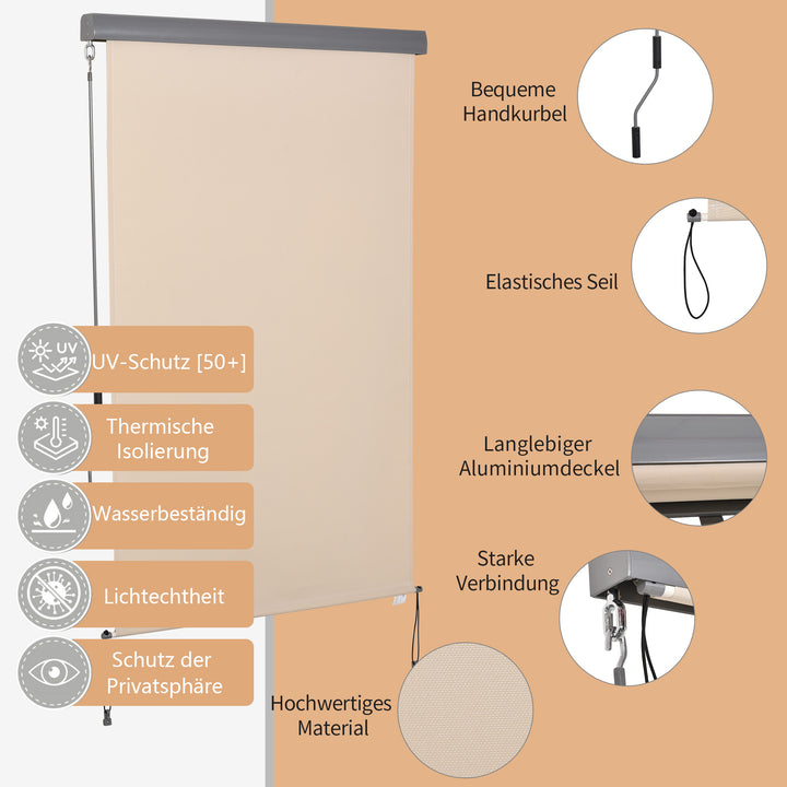 Lodret markise, balkonmarkise, lodret markise, læhegn, rullegardin på siden, privatlivsskærm med håndsving, polyesterstof + aluminium, cremehvid, 200 x 120 cm