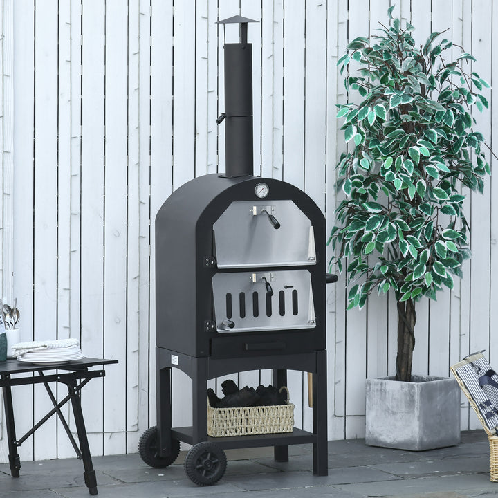2-I-1 udendørs pizzaovn med hjul, grillovn med beskyttelsesdæksel, pizzaspade, 2 grillnet, grillvogn med skorsten, 3-etagers brændefyret ovn til grill, stål, sort og sølv, 63 x 54 x 161 cm