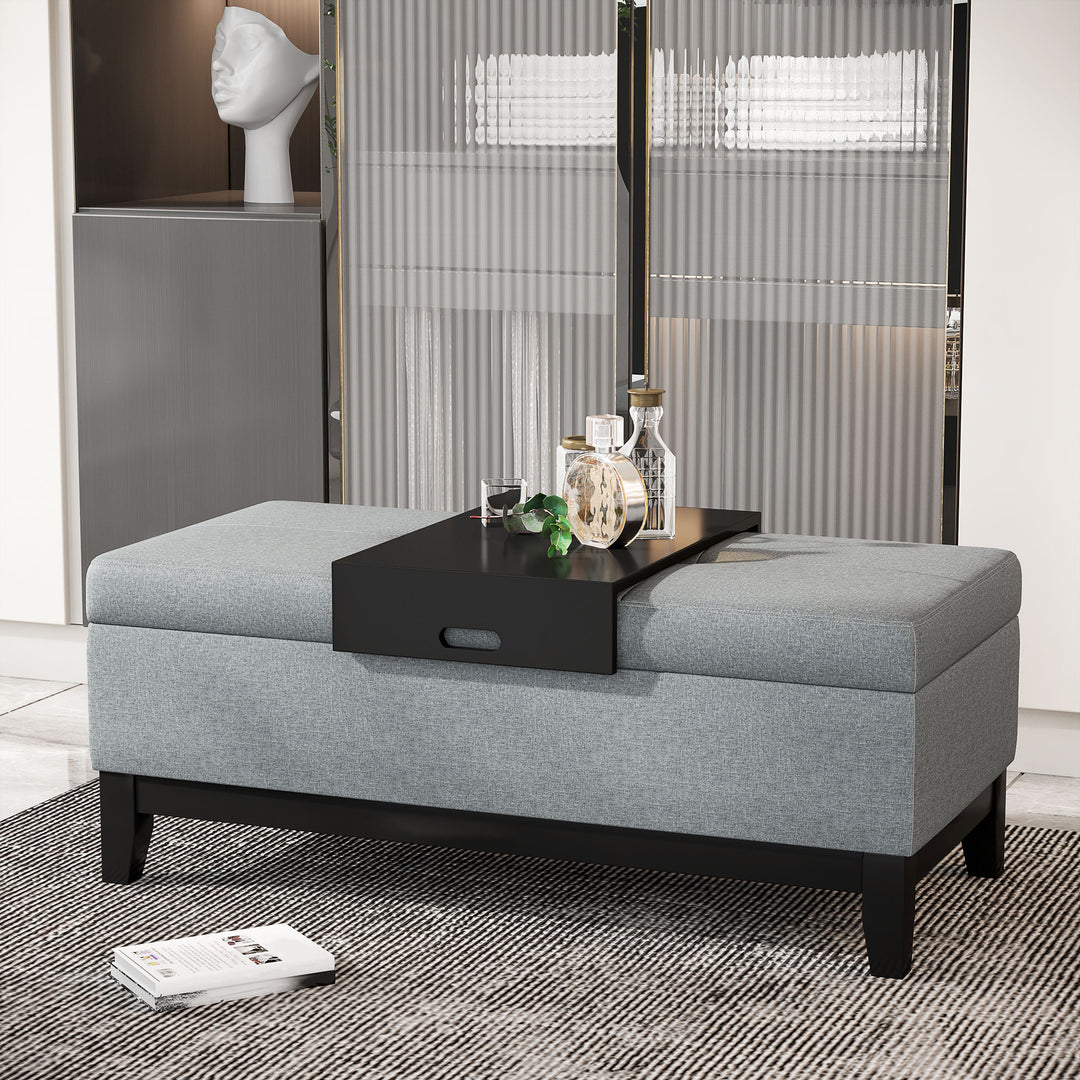 Opbevaringsbænk med aftagelig bakke, polstret bænk med linnedlook, kommode med træben, kommodebænk til stue, soveværelse, entre, 107 x 50 x 44 cm, mørkegrå