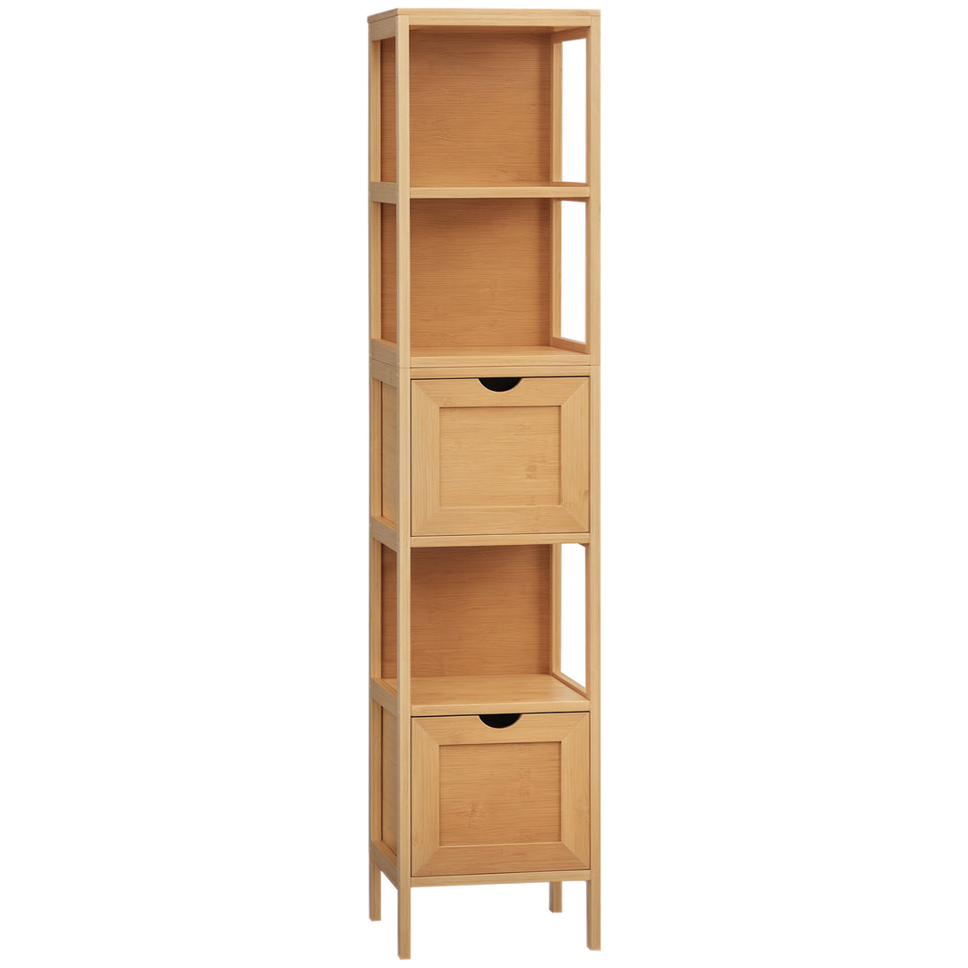 Badeværelsesskab, 3 hylder, 2 skuffer, bambus, 30 cm x 30 cm x 140 cm, naturfarvet