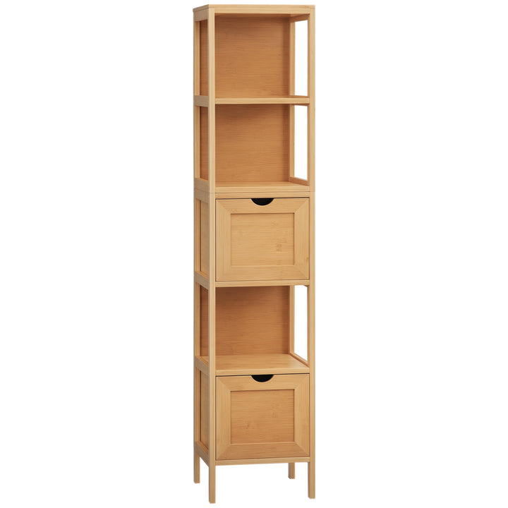 Badeværelsesskab, 3 hylder, 2 skuffer, bambus, 30 cm x 30 cm x 140 cm, naturfarvet