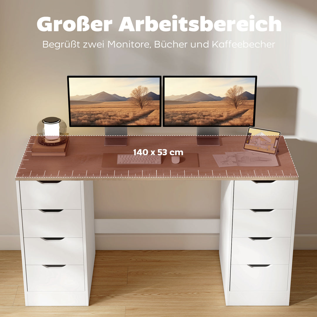 140 cm computerbord, 8 skuffer, skrivebord til hjemmekontor, soveværelse, stål, træ, hvid