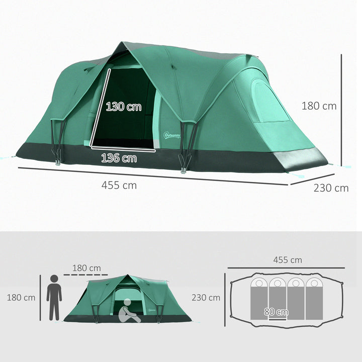 Campingtelt til 5-6 personer, familietelt, lampekroge, sidelommer, 4,55x2,3x1,8m, grøn/sort