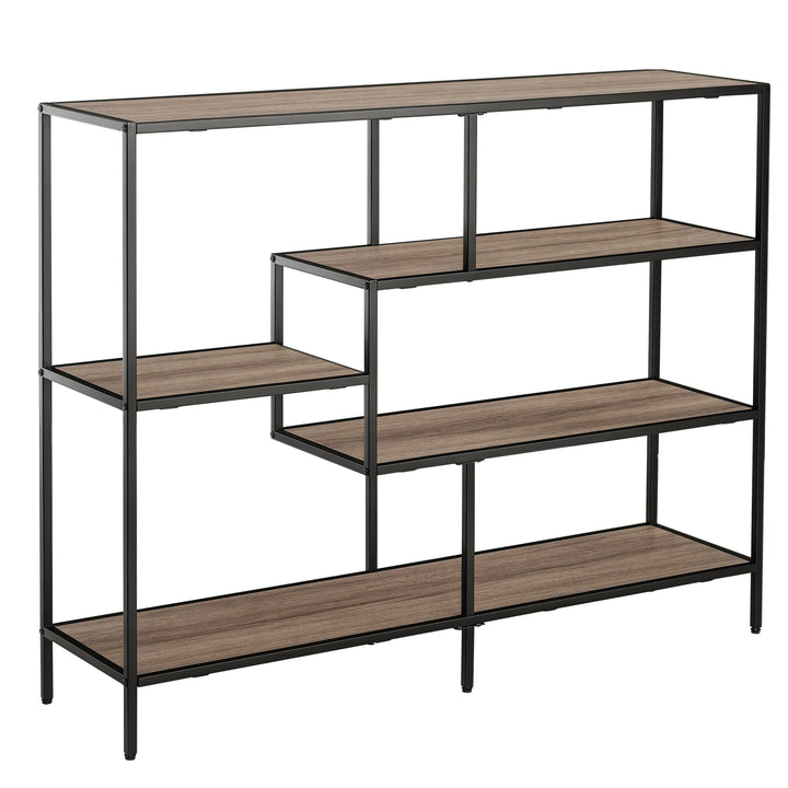 Fritstående hylde, bogreolopbevaringshylde industriel stil, arkivhylde, køkkenhylde, p2 spånplade, metal, sort+lys eg, 120 x 32 x 95 cm