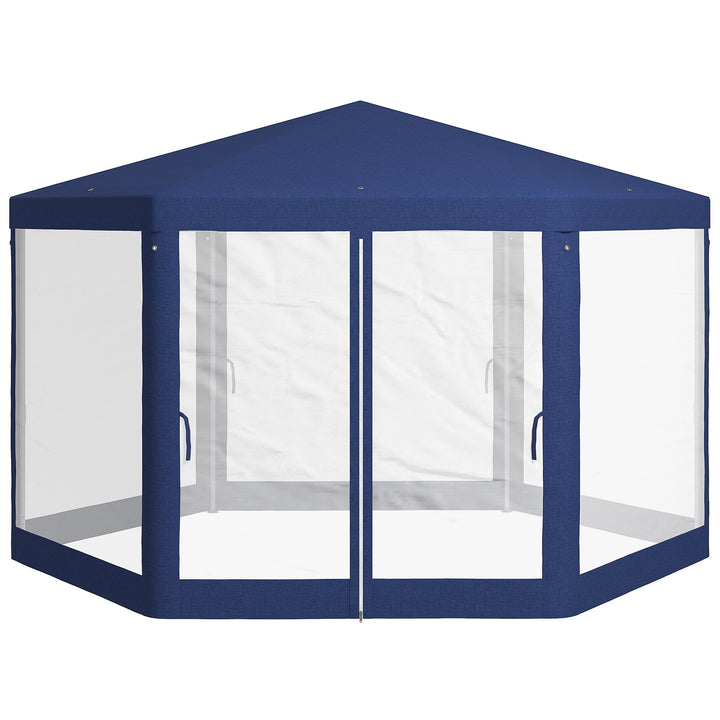Havepavillon, sekskantet, netgardiner, metalramme, 3,94x3,412x2,5m, blå