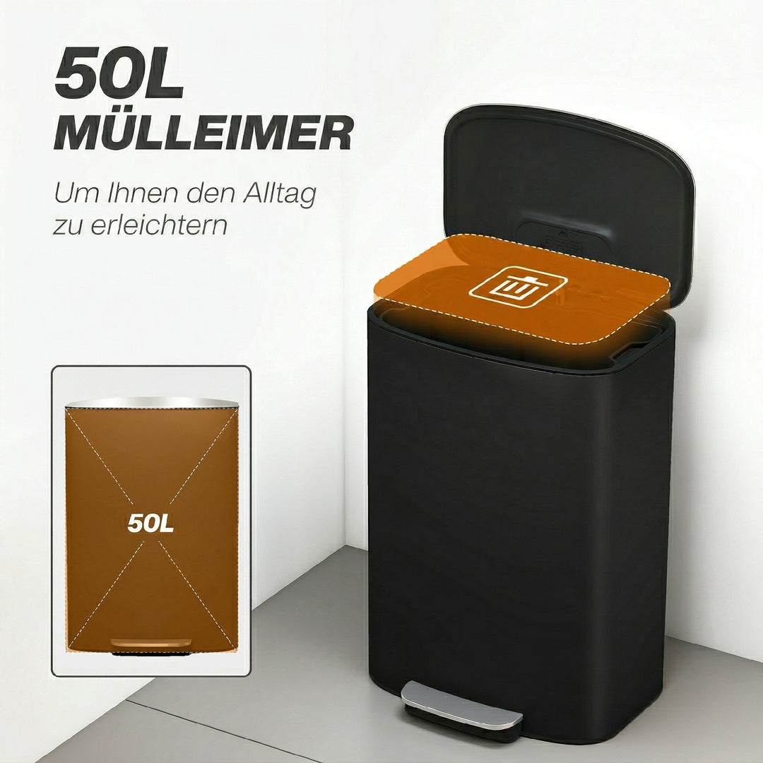 Køkkenaffaldsspand, 50 liter, pedalspand med stay-open-funktion, soft-close låg, pedal, sort