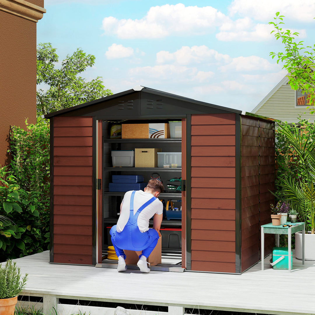 Metalredskabsskur, vejrbestandigt og rustbestandigt, aflåseligt, 2,40 x 2,06 x 1,98 m, teaktræ