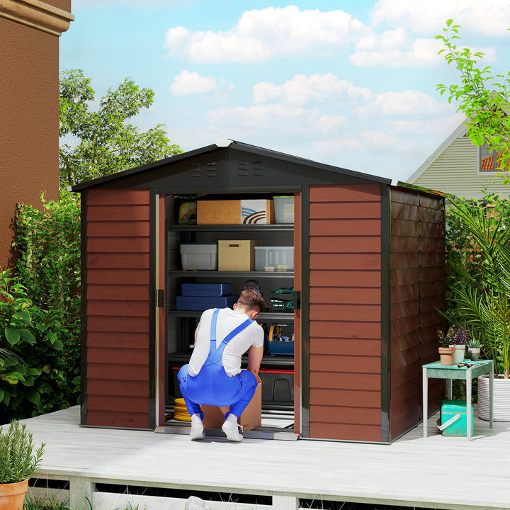 Metalredskabsskur, vejrbestandigt og rustbestandigt, aflåseligt, 2,40 x 2,06 x 1,98 m, teaktræ