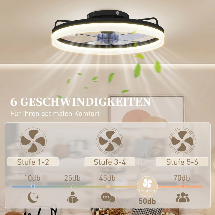 Loftventilator med lys og fjernbetjening, 50 cm LED-loftventilator med 3 farver, 6 hastigheder, timer, dæmpbar