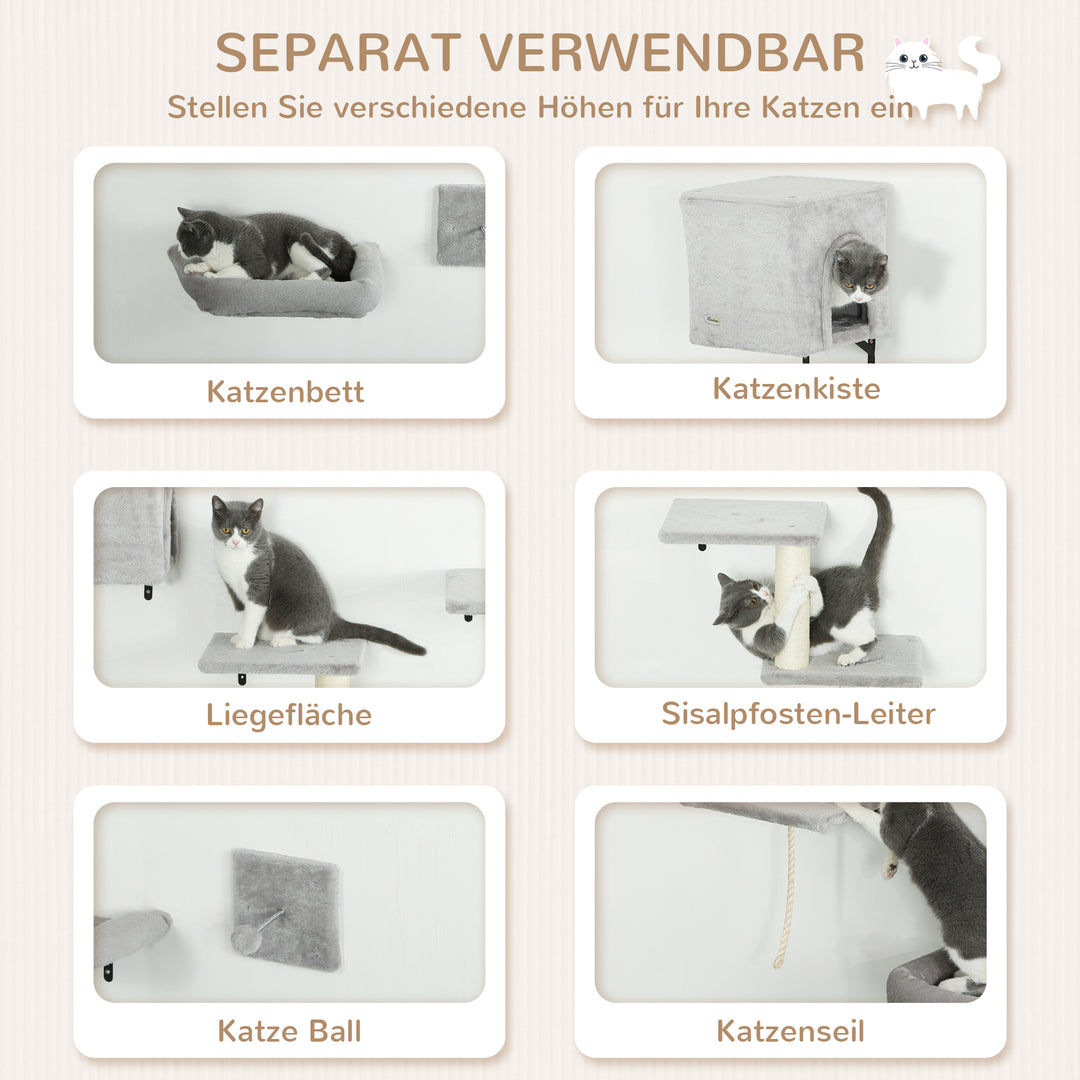 Klatrevæg katte 7-delt klatrevægsæt til katte med kattehus, platform, platform grå