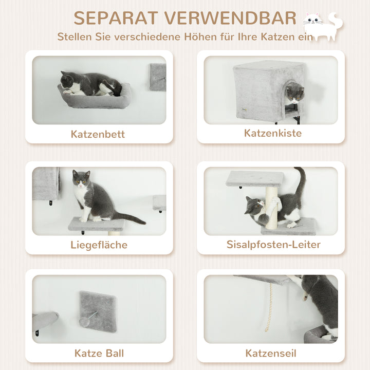 Klatrevæg katte 7-delt klatrevægsæt til katte med kattehus, platform, platform grå
