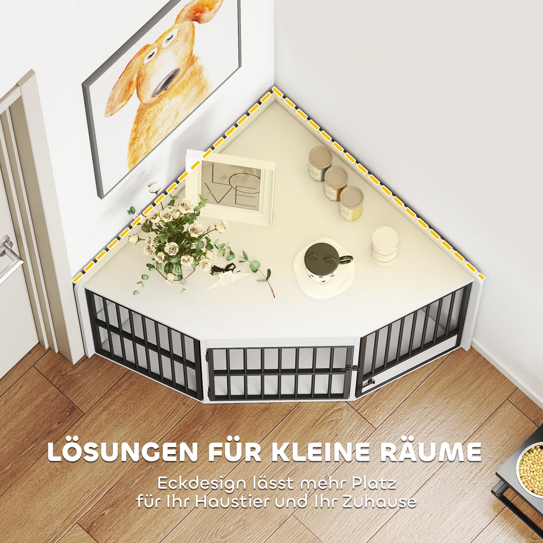 Hundebur, hundegård til små og mellemstore hunde, kæledyrsbur, foderlåge, MDF, metal, hvid