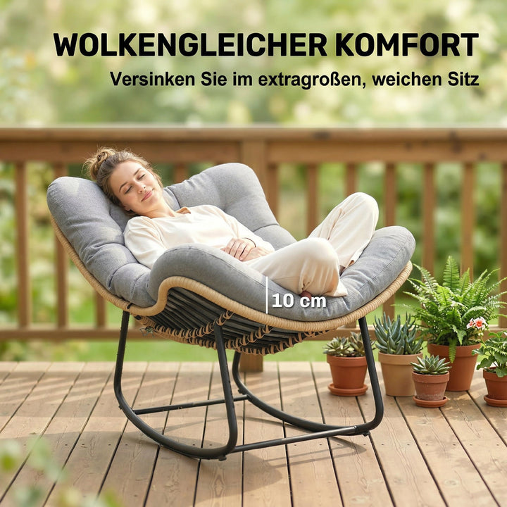 Rattan gyngestol haveliggestol med tyk hynde, havegynge op til 120 kg, indendørs/udendørs, 87 x 110 x 70 cm, grå