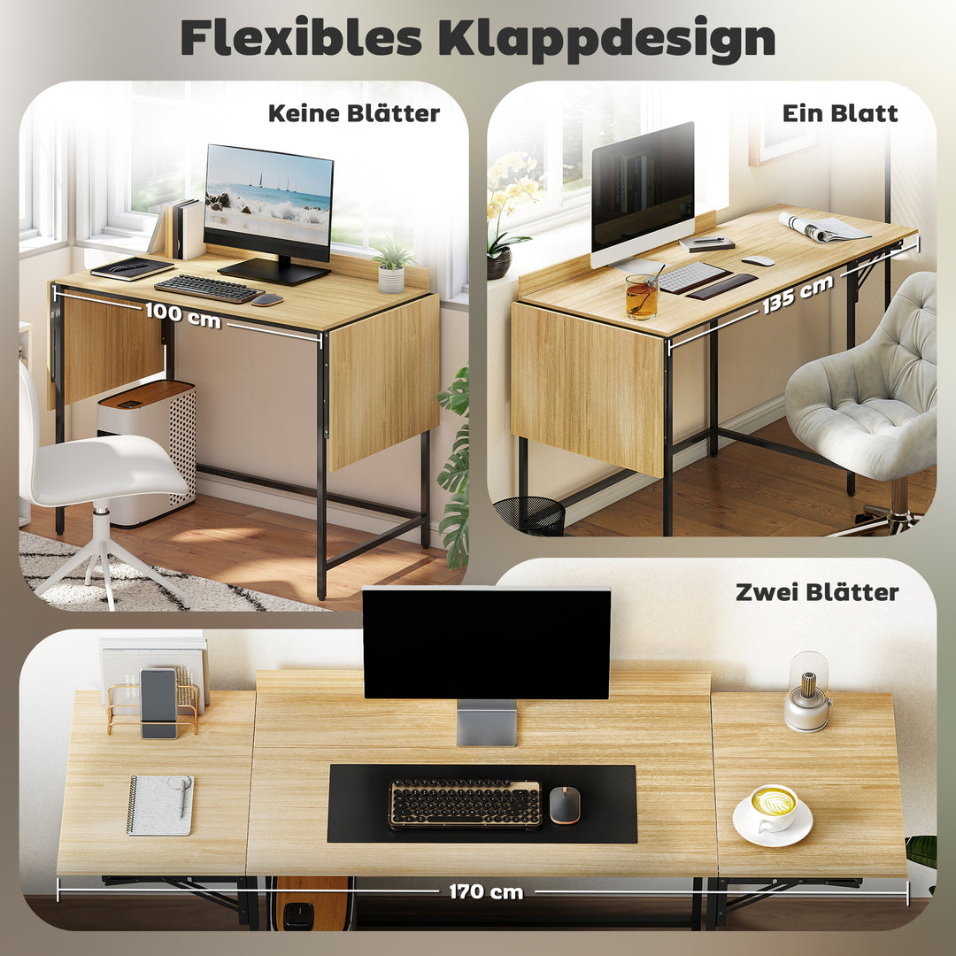 Foldbart computerbord med 2 forlængerpaneler, masser af plads til skærme, metalben, robust konstruktion, eg+sort
