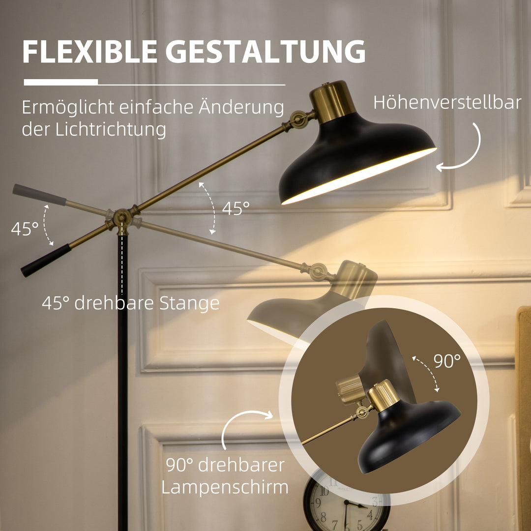 Industriel gulvlampe, emalje, fleksibel stel, fodkontakt, sort + guld