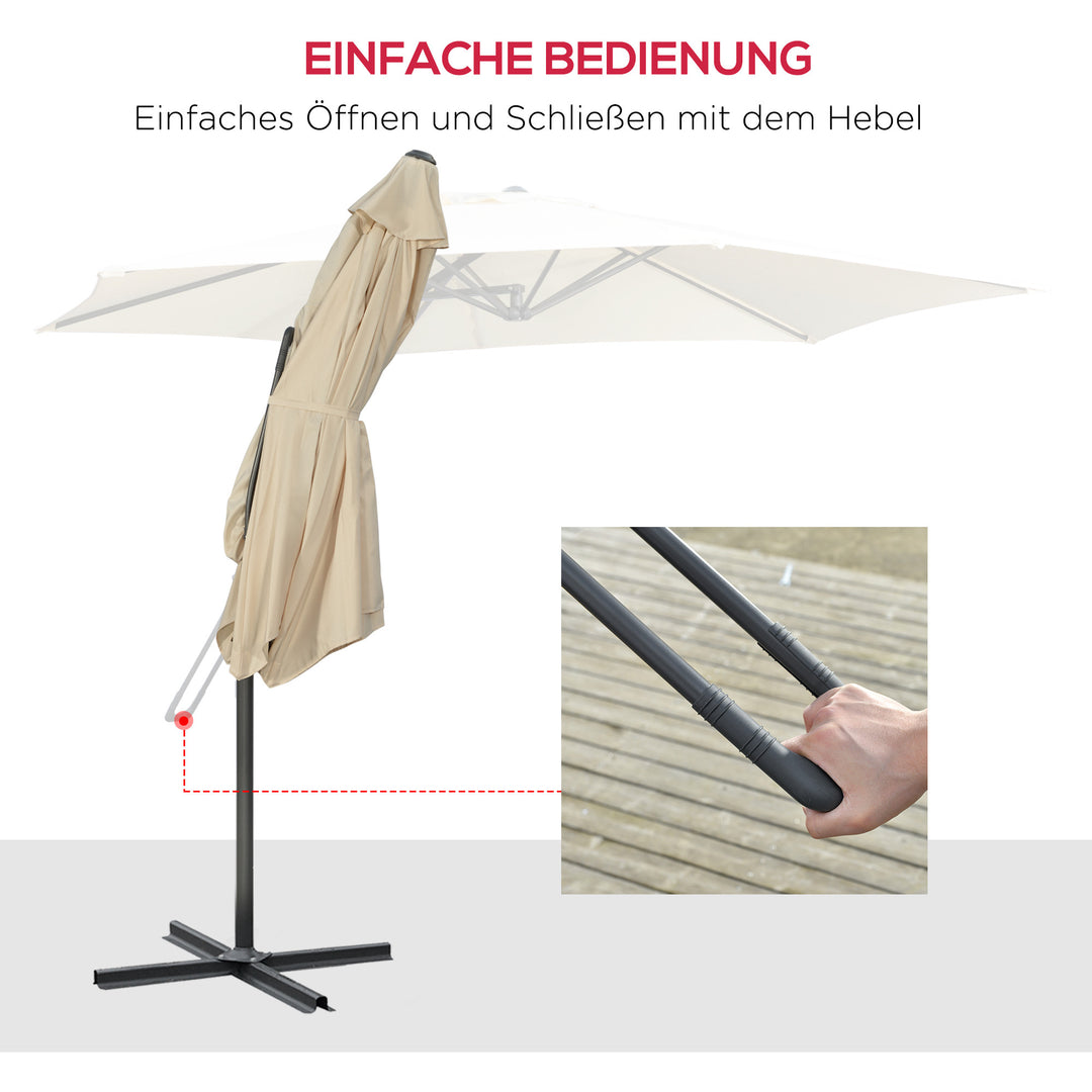 Fritstående parasol Ø293cm, solskærm med sidegreb, krydsfod, vindtæt, vandafvisende, cremehvid