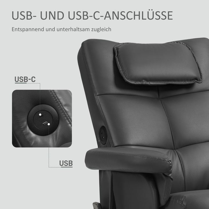 Massagestol med skammel, justerbar ryglæn, usb-opladeport, læderlook, op til 150 kg, sort