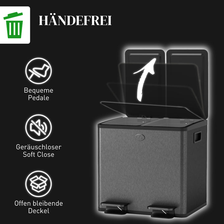 2 x 15 L dobbelte affaldsbeholdere, pedalåbning, nem at rengøre, rustfrit stål, plastik, sort