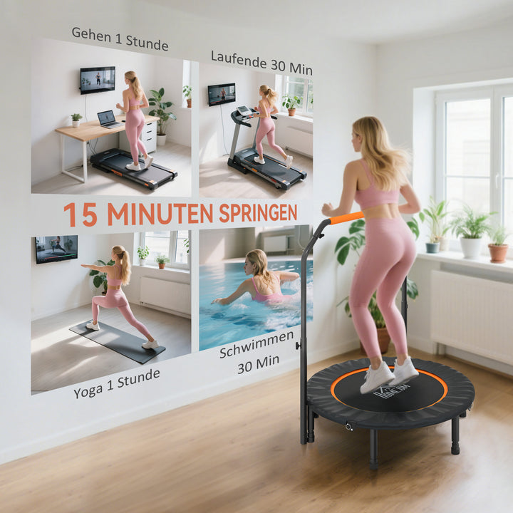 Fitnesstrampolin, foldbar, justerbart håndtag, Ø102 x 123H cm, op til 150 kg, sort