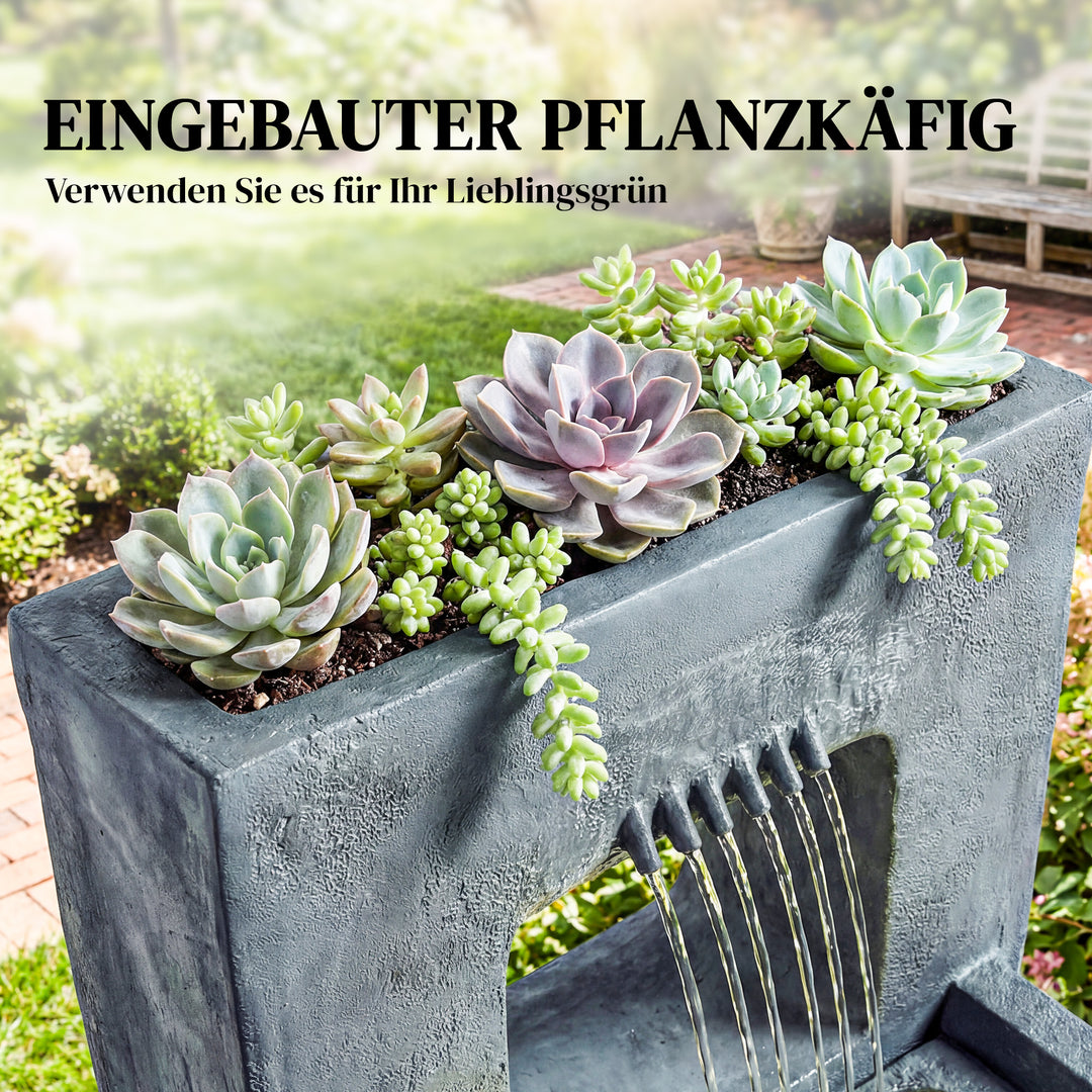 2-lags havefontæne med LED-belysning, plantekasse, pumpe, stenlook, justerbar, 45 x 31,5 x 58,5 cm