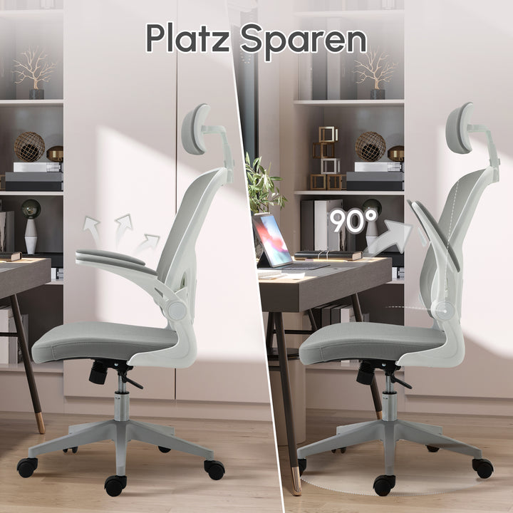 Kontorstol ergonomisk skrivebordsstol med vippefunktion høj ryg lændestøtte nakkestøtte foldbar armlæn hjemmekontor grå 65 x 64 x 114-122 cm