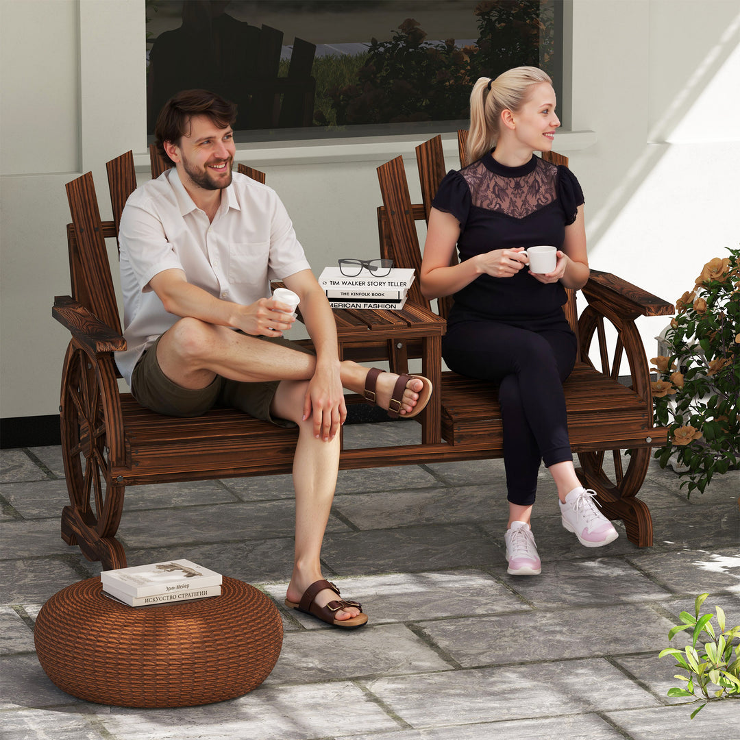 2-personers havebænk i træ, vejrbestandig, med parasolhul, vognhjulformede ben, 154 x 65 x 102 cm, forkullet