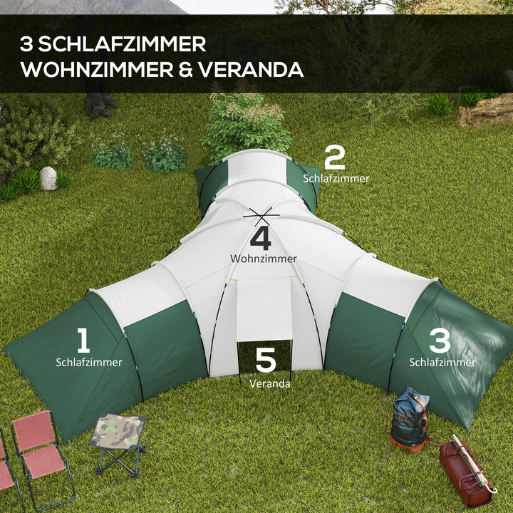 Campingtelt til 6-9 personer, 4 værelser, markise, vandtæt, 615 x 615 x 225 cm, grøn