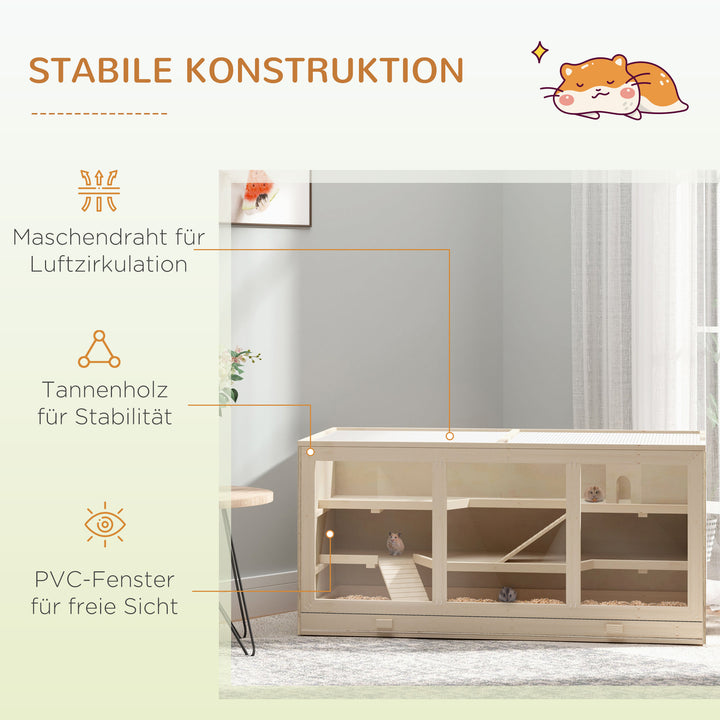 Hamsterbur af træ, 3 niveauer, gnaverbur med rengøringsbar hylde, smådyrsbur med foldelåg, trappe, træbur, bur til hamstere, dværghamstere, 115 x 57 x 55 cm, naturtræ