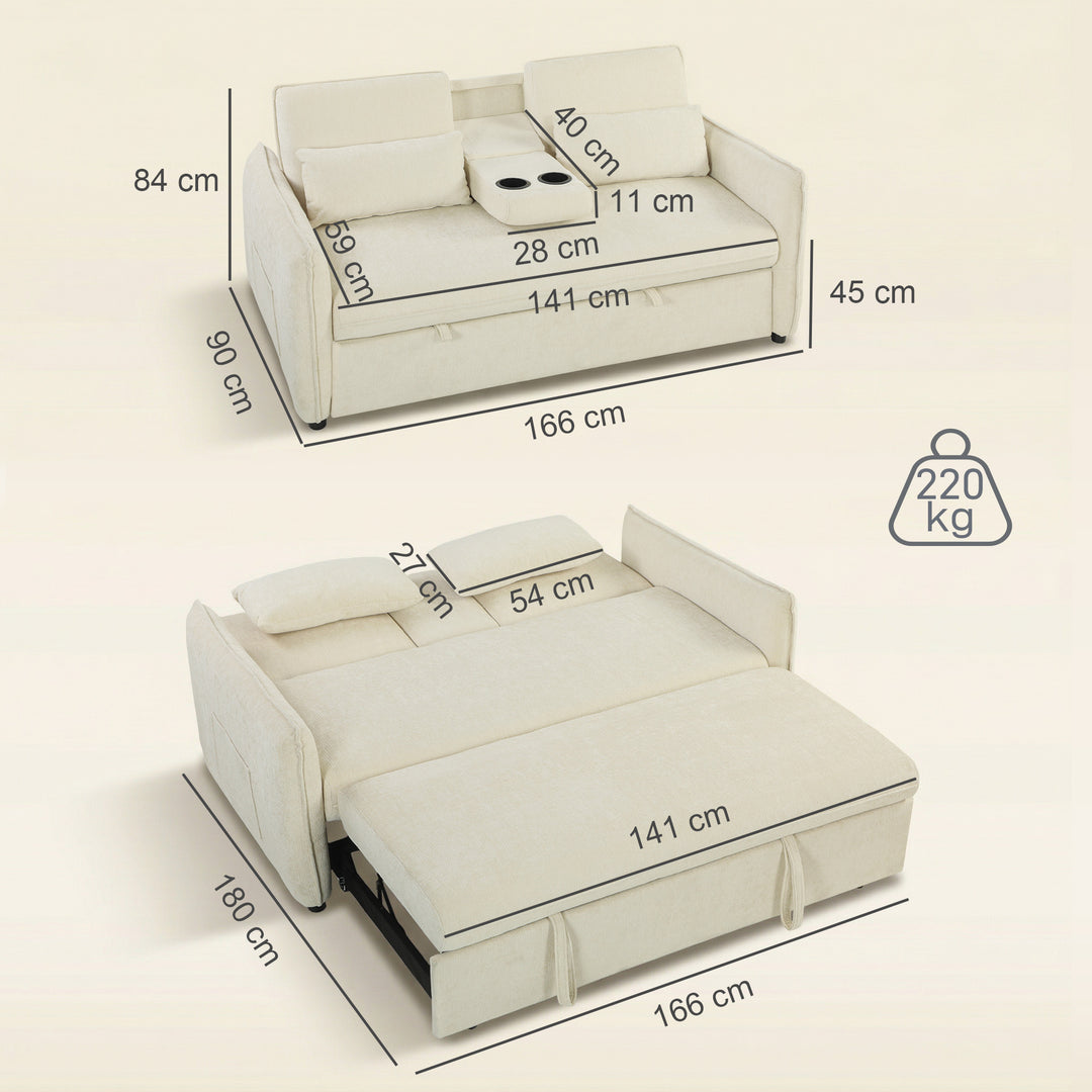 3-i-1 justerbar sovesofa, to-personers med kopholdere, justerbar ryglæn og sidelommer, beige