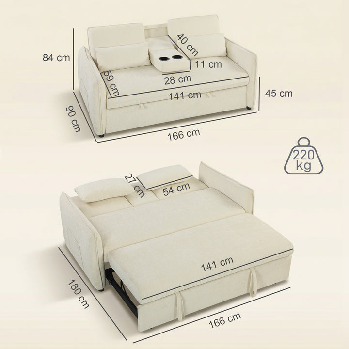 3-i-1 justerbar sovesofa, to-personers med kopholdere, justerbar ryglæn og sidelommer, beige