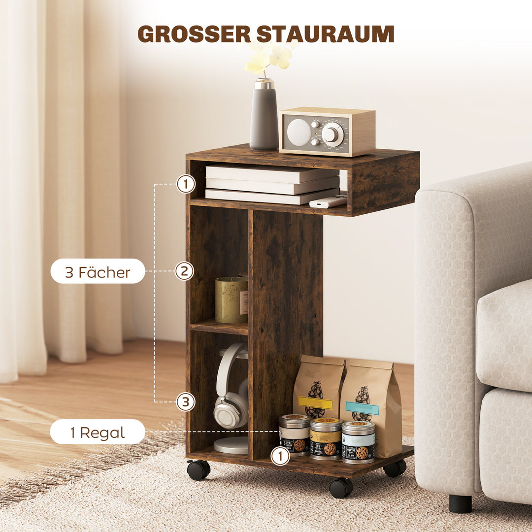 Sidebord, C-formet serveringsvogn, 4 hjul, 3 rum, 40 x 30 x 69 cm, rustik brun