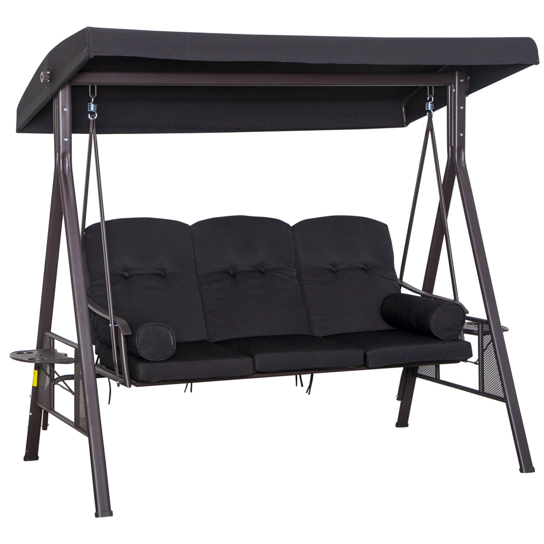 Hollywood gynge til 3 personer, vipbart tag, metalramme, brun+sort, 116 x 206 x 183 cm