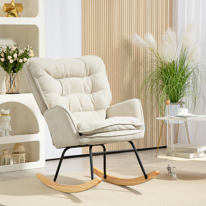 Gyngestol, bredt sæde, høj ryg, bøgetræsstel, op til 120 kg, beige